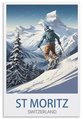 BaHeLs St. Moritz Schweiz Ski-Poster, Vintage, Landschaft, 20 x 30 cm, Leinwand-Kunstdruck, Gemälde für Wanddekoration, Wohnzimmer, Schlafzimmer