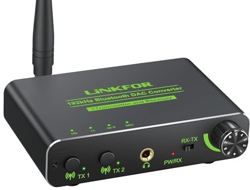 LiNKFOR 192kHz DAC BluetoothV5.0 CSR Émetteur et Récepteur Convertisseur Numérique-Analogique Stéréo Audio RCA/3,5 mm support aptX HD aptx Low Latency Réglage Volume Sortie pour TV DVD Game Consoles