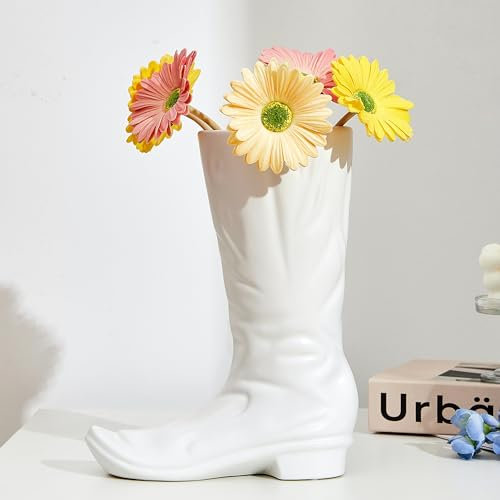 Denique White Boots Flower Vases, Creative Cowboy Boot Vase, Ceramic Flower Arrangements, Unique Boot Vases Boot Planter Modern Aesthetic Room Wedding Decor