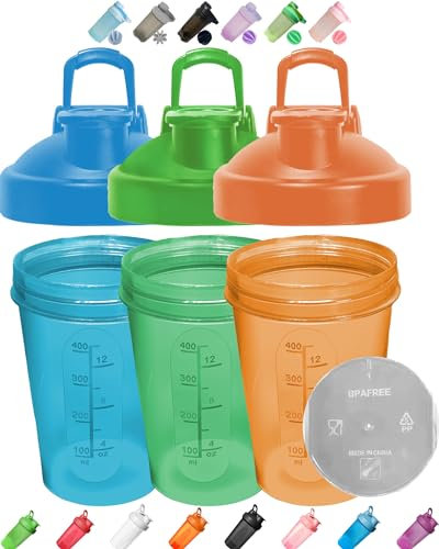 3 Color Pack Snap Cap Bottles for Pre-Workout Protein Drink Shakes Mixes(Blue,Green,Orange)w. Whisk Ball-Scale Marks 4-8-12 Oz,Anti-Leak,BPA Free,Classic Loop,Dishwasher Safe,Easy to Clean,Wide Mouth