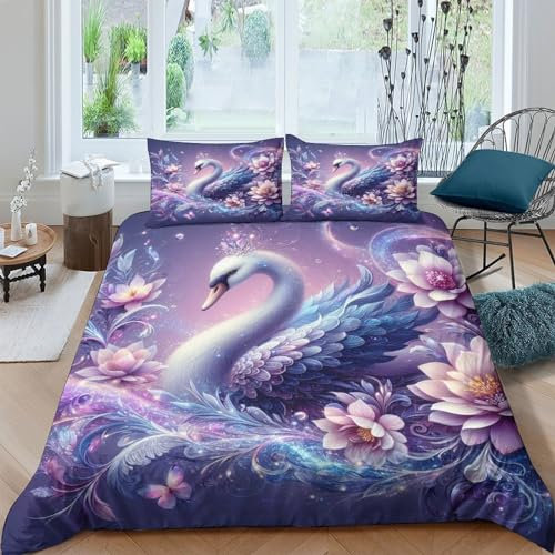 TNFHSOFT Cigno viola Copripiumino Matrimoniale in Microfibra Morbida Viola Set Biancheria Da Letto 3D Stampato Con Federe Cuscino Double（200x200cm）