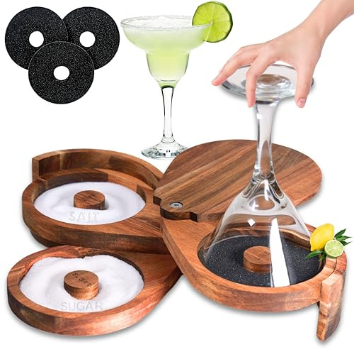 Margarita Salt Rimmer Set, 3 Tier Acacia Wood Rimmer for Glass Rims, Salt/Sugar/Lime Seasoning for Bloody Mary, Manhattan Tequila Cocktail Drink Accessories for Bartender/Bar (With Sponges)