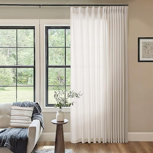 Pinch Pleated Linen 102 Inch Curtains 72 Inch Width for Living Room Divider Light Filtering Semi Sheer Cream Extra Wide Patio Curtains for Sliding Door Balcony Floor to Ceiling Picture Window 72x102