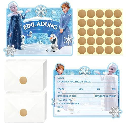 Elsa Einladungskarten Deutsch, Frozen Einladung Kindergeburtstag, Eiskönigin Einladungskarten, Frozen Geburtstagseinladungen für Mädchen, 12 Frozen Partyeinladungen + 12 Umschlägen + 25 Sticker Labels
