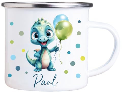 4youDesign Emaille Tasse Kinder personalisiert – Punkte Dino – Tier Namenstasse – Geschenk für Jungen & Mädchen – Bruchsicher & Leicht – Geschenkidee zur Einschulung & Geburtstag - 300ml