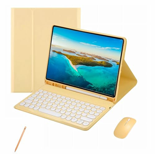 XFTeoux Funda con Teclado para iPad 7/8 / 9ª generación 10.2 2019 2020 2021,Teclado inalámbrico Bluetooth Desmontable, Funda Folio de Piel con lápiz y ratón,Amarillo