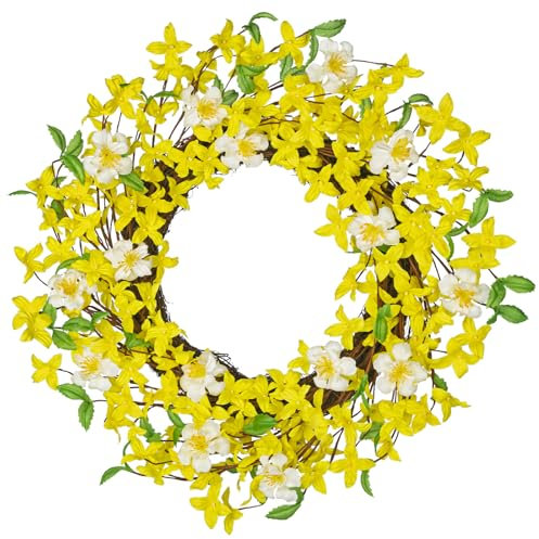 Ø50cm Künstliche Forsythien Blumenkranz mit weißen Blumen Türkranz Blumenkranz Deko Groß Türkranz Wandkranz Frühlingsdeko für Frühlings-Sommer-Osterdekoration, Zuhause, Wände, Fenster, Hochzeiten