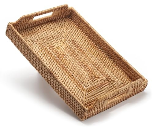 XIMISISE Rattan Tray with Handles, Hand Woven Serving Basket, Rectangular Wicker Decorative Tray for Coffee Table Home Decor (43 x 29 x 4.5 cm)