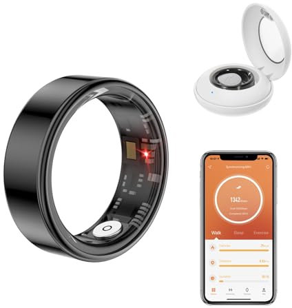 Smart Ring Hombre y Mujer, Smartring Fitness Tracker con Estuche de Carga, IP68 Resistente al Agua, frecuencia cardíaca, oxígeno en Sangre, sueño, Deportes,Talla 9