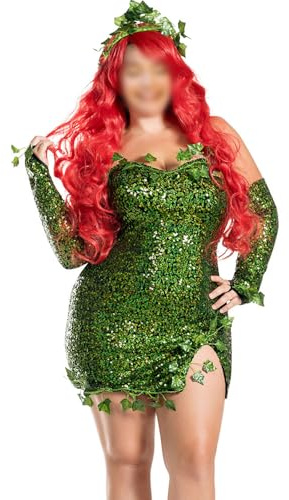 Felcia Halloween Deluxe Green Poison Ivy Costume Sleeveless Fake Leaves Sequin Fairy Dress With Gloves Outfit for Carnival Party Cosplay