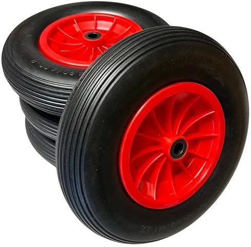 KOVA® 4x Schubkarrenrad Vollgummi PU 4.80/4.00-8 Rad für Schubkarre Pannensicher - 120 kg Traglast - Kunststoff-Felge - Ø 380mm Schubkarrenrad 4.80 4.00-8 - Schubkarren Ersatzrad Vollgummirad Schw/Rot