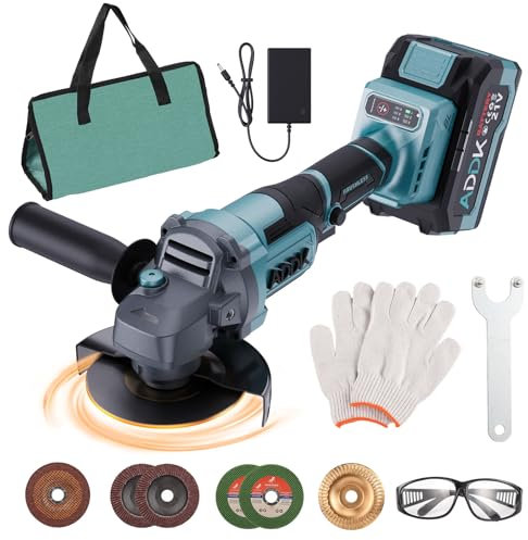 ZHOUDA - Smerigliatrice angolare senza fili, 125 mm, 21 V, 4,0 Ah, smerigliatrice angolare, 6 velocità regolabili con batterie e caricabatterie, smerigliatrice per metalli con disco lamellare per