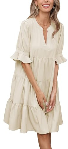 Famulily Women's Clothing Dresses Short Sleeve Dress Spring Summer Deep V Neck Cute Mini Dress Sundress Beige L