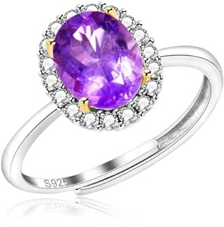 Uloveido Anello di fidanzamento con solitario in cristallo viola, regolabile, in argento Sterling 925, con pietra portafortuna ovale, gioiello scintillante con confezione regalo per matrimonio o