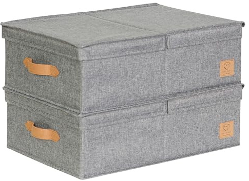 LOVE IT STORE IT Premium 2 Stück Aufbewahrungsboxen mit Deckel M - Aus Leinen Stoff - 2er Set Box mittel - Stabil - Grau - je 50x33x16 cm