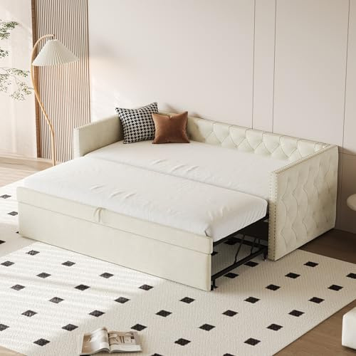 Ymkua Polsterbett Schlafsofa Sofabett 90x200 cm, Kinderbett Einzelbett Tagesbett mit Ausziehbares Rollbett, Tagesbett Bett mit Lattenrost, Gästebett Wohnzimmer Schlafzimmer, Samt Ohne Matratze (Beige)