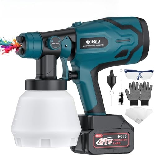 JiGiU Pistola de Pintura Inalámbrica, 300W HVLP Pistola de Pintura Eléctrica 1000ml, con 6 Boquillas (1.0 1.5 1.8 2.0 2.5 3.0mm) y 3 Patrones para Armarios, Gabinetes, Cercas, Paredes, Puertas-Azul
