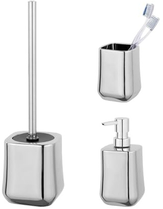 Schöner Wohnen Kollektion Keram.Bad-Acc.Set Mod. Adine 3tlg Bad-Accessoire Set aus Keramik mit Seifenspender Zahnputzbecher und WC-Garnitur Farbe Chrom Maße 11x38,5 cm