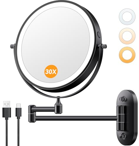 Auxmir 1 x / 30 x wandmontierter Make-up-Spiegel, 20,3 cm, wiederaufladbarer Vergrößerungsspiegel