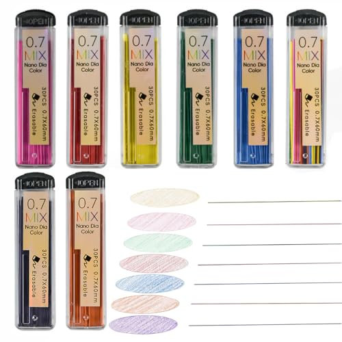 MROOFUL Druckbleistiftminen, 0,7 mm, HB, 7 Farben, für Kunst, Zeichnen, Skizzieren, Schreiben, Basteln, 8 Röhren, 240 Stück