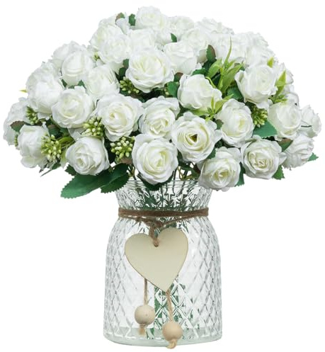 DuHouse Bouquet de 6 Mini Roses artificielles pour décoration de Mariage, Maison, fête (Blanc)