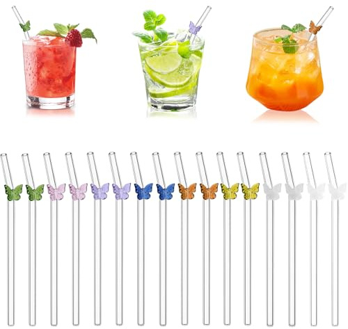 16 Glasstrohhalme Gebogen mit Schmetterlingsdeko, Wiederverwendbare Trinkhalme Glas, mit 2 Reinigungsbürsten, für Smoothies, Kaffee, Säfte, Tee, Milch