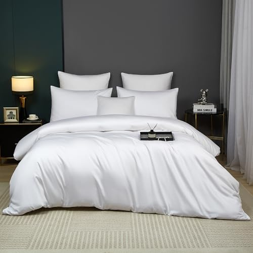 Luowei Mako Satin Bettwäsche 220x240 cm Baumwolle, 3‑teilig, Weiß | 100% Baumwolle Seidig Weich Bettwäsche Set, Oeko-TEX Atmungsaktiv und Kühlend mit Reißverschluss und 2 Kissenbezüge 80x80