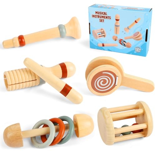 Aolso Instruments de Musique, Ensemble d'instruments à Percussion en Bois, Jeux Cadeau, Jouets pour EntraîNement Sensoriel(5 in 1 Groupe Musique)