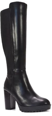 ESSEX GLAM Women's Knee High Boots Ladies Black Block High Heel Platform Elasticated Calf Leg Size 3-8