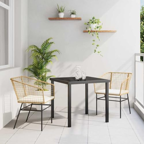 Bucmath Garten Essgruppe 3-teilig, Braun Poly-Rattan, wetterfestes Outdoor Esszimmer Set mit Glastisch, 2 Stühlen, stabil für Terrasse und Balkon