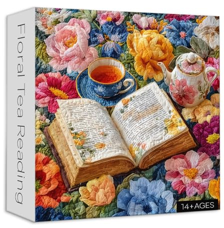 Larkipuzz Books 1000 Piece Jigsaw Puzzle for Adults, Quilted Book Tea Cup Teapot Puzzle, Colorful Floral Garden Theme for Plant Lovers