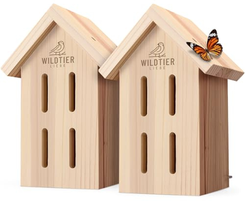 wildtier liebe Schmetterlingshaus – 2er Set I Wetterfest & Unbehandelt aus Massiv-Holz I Insektenhotel Schmetterling I Schmetterlinge züchten für den Garten, Balkon, 2 Stück