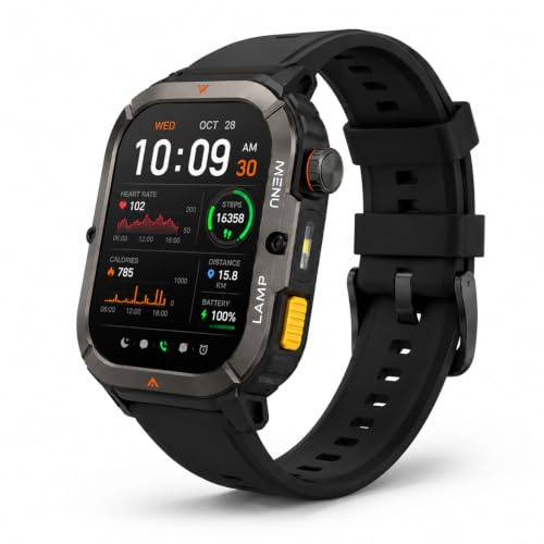 AGM L3 Smart Watch, 1.95 AMOLED, Bluetooth Calling, 70-Lumen LED Torch | Tough Build Fitness Tracker, 10-30 Day Long Battery | 5ATM/IP68 + MIL-STD-810H | Sports, Health Tracking for iOS & Android