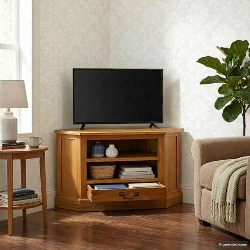 RCODSSK Mobile TV angolare in mogano massello 79 x 40 x 46 cm in marrone con cassetto e ripiani per angolo senza montaggio