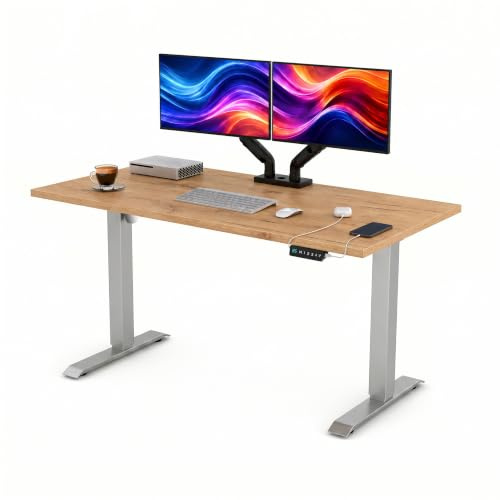 POKAR Höhenverstellbarer Schreibtisch Elektrisch 180x80 cm | Massive 25mm Platte | Memory-Panel mit USB-C und USB-A | Steh-Sitz-Tisch für Home Office | Gestell Silber, Platte Golden Craft Eiche