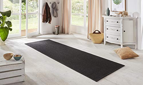 BT Carpet Nature Läufer In- und Outdoor – Schlingen Küchenläufer Rutschfest Flachgewebe Kurzflor Woll-Optik Fineloop Küchenteppich für Flur, Küche, Garten, Terrasse, Badezimmer – Anthrazit, 80x150cm