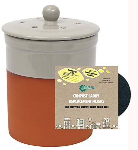 Terracotta Ceramic Kitchen Compost Caddy (Pale Grey) - Chetnole Ceramic Food Waste Bin & 1 Filter Pack
