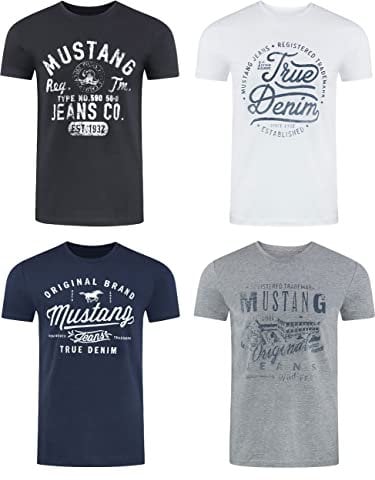 MUSTANG Tshirt Herren Baumwolle Regular Fit 4er Pack Set Rundhals Kurzarm Sommer Tee Shirt Logoprint, Größe:M, Farbe:Farbmix (P10)