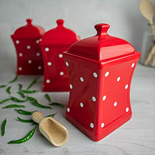 City to Cottage® - Keramik Behälter Küche 900 ml | 3er-Set | Rot und Weiß | Polka Dots | Handgemacht | Behälter mit Deckel | Keksdose Keramik