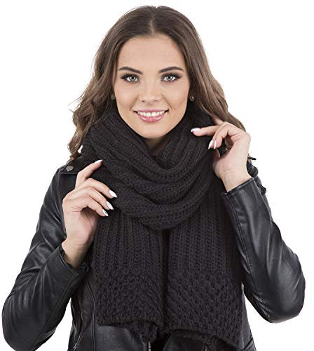 VIVISENCE Damen Winter Schal Aus Modischer Gemütlich Wärmendem Garn Mit Dekorativer Bindung Für Kalte Wintertage Frauen Elegante Und Sportliche Outfits Winter Herbst Modell, Schwarz,Einheitsgröße