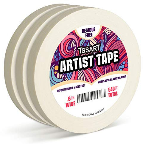 TSSART Künstler-Klebeband, 3 Stück, weiß, Malerkrepp für Zeichnungen, Kunst, Aquarellmalerei, Leinwandrahmen – säurefrei, 45 m lang, 1,5 cm breit