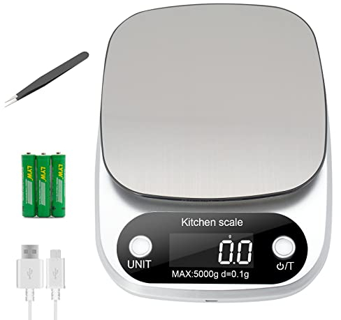 WAHJUA grande dimensione 5kg/0.1g Bilancia digitale da cucina, Bilance Alimenti in acciaio inossidabile Tavolo di pesatura, USB Ricaricabile pesa in grammi e once