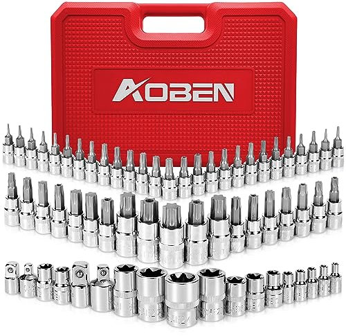 AOBEN 64Pcs Master Torx Bit Socket and External Torx Socket Set, 1/4, 3/8, 1/2-inch(E4-E24, T6-T70,TT6-TT70,TP8-TP60), S2 and Cr-V Steel, Includes Socket Adapters