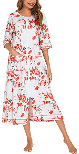 Rubehoow Zipper House Dress for Women Half Sleeve O Neck Long Duster Coat with Pockets (Rose,S)