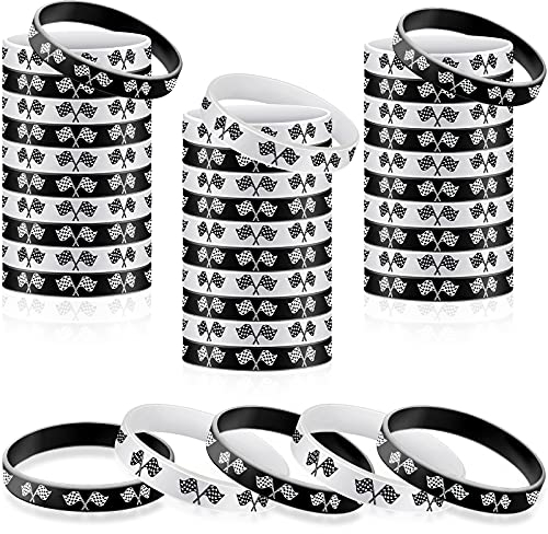 Racing Flag Gummi-Armbänder 2,56 Zoll Armbänder Rennauto Silikon Armbänder für Fitness, Rennen, Dirtbike, Basketball, Workout, Aufgabe, Events, Rennauto-Party-Dekorationen, Schwarz, Weiß (48 Stück)