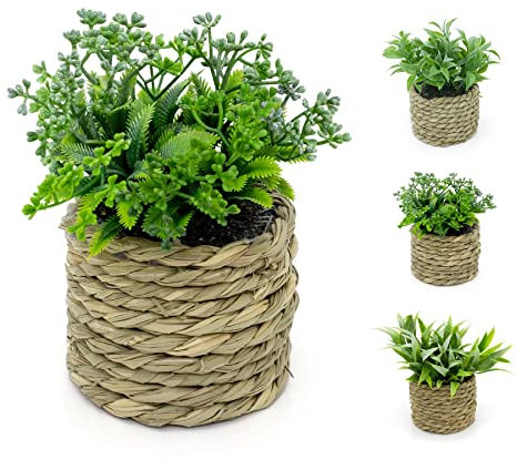 Carousel Home 14cm Artificial Fern in Decorative Rope Planter - Boho Style, 1 Count, Round Pot, Indoor Bathroom Plant