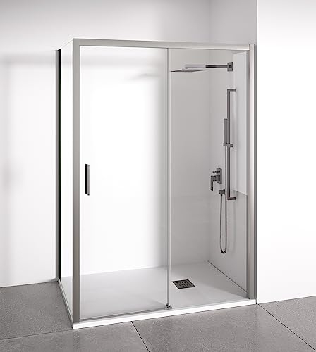 Mampara de ducha angular 1 corredera + 2 fijos - sin perfilería inferior - Cristal transparente templado 6mm - Plata Brillo - Ancho adaptable 125-130 x 67-70cm - Posición puerta izquierda - Alto 195cm