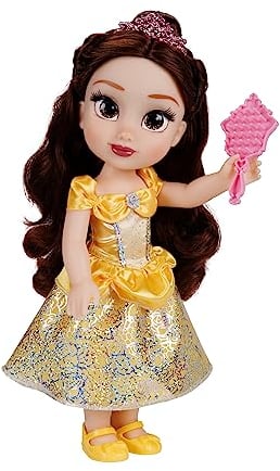 Disney Princess Belle Puppe 35cm, reflektierende Glitzeraugen, bewegliche Gelenke, ausziehbares Kleid, Schuhe, Krone, langes braunes Haar, für Mädchen ab 3 Jahren