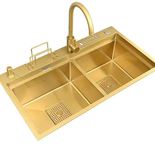 CHEMYO Fregadero De Cocina Fregadero De Acero Inoxidable Dorado con Porta Cuchillos Fregadero Doble Grande Fregadero De Oro De Gran Tamaño con Grifo Y Accesorios (Color : Gold, Size : 78x46cm)