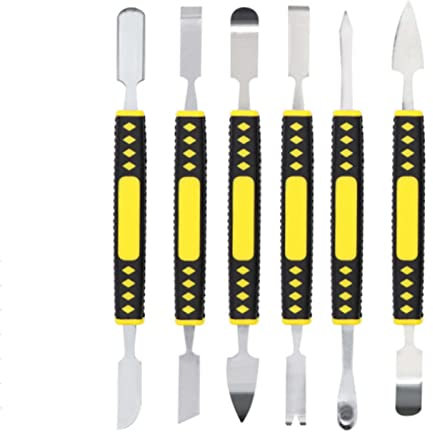 Metal Crowbar 6-Piece Set Multifunction Metal Spudger Pry Opening Repair Tools Kit,Phone Digital Home Appliance Disassemble Tool for Mobile Phone Metal Crowbar Pry,Yellow(6 Piece)